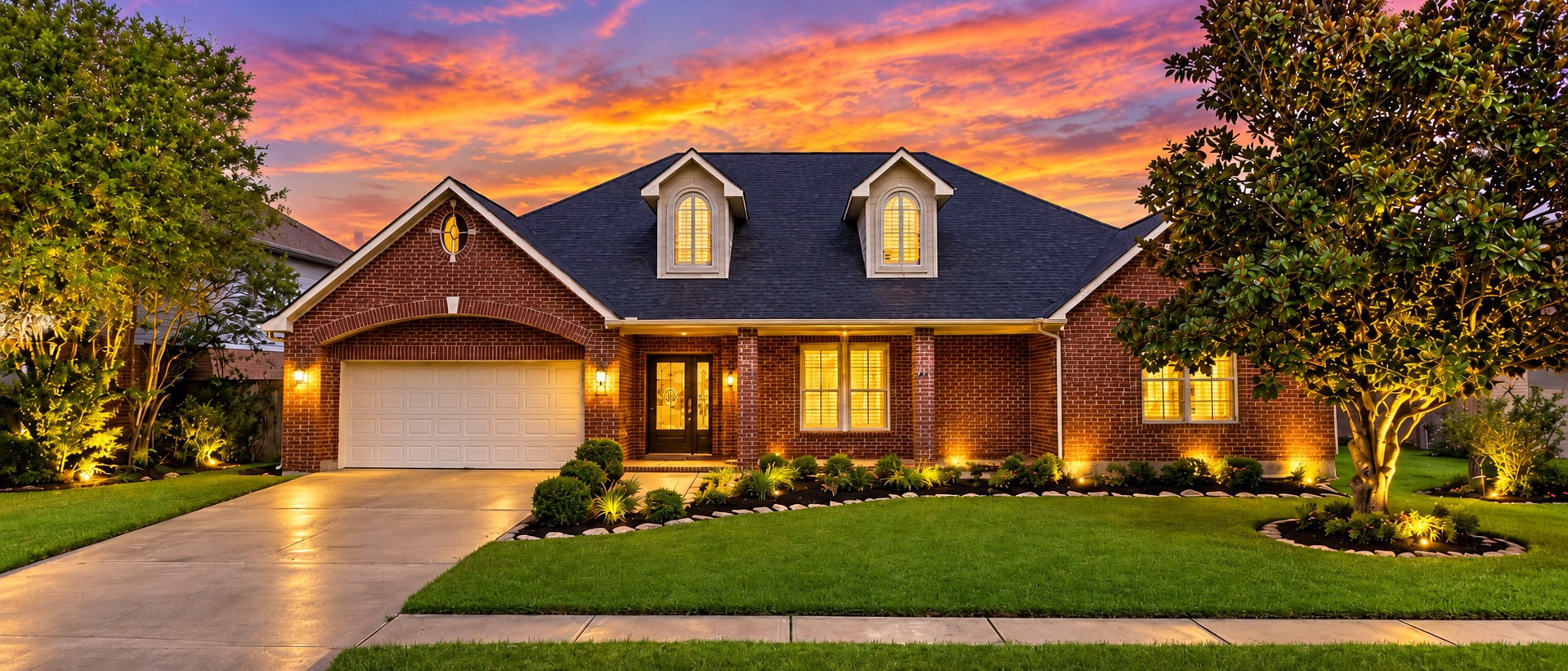 Brick Texas home at sunset with landscaped lawn and illuminated windows